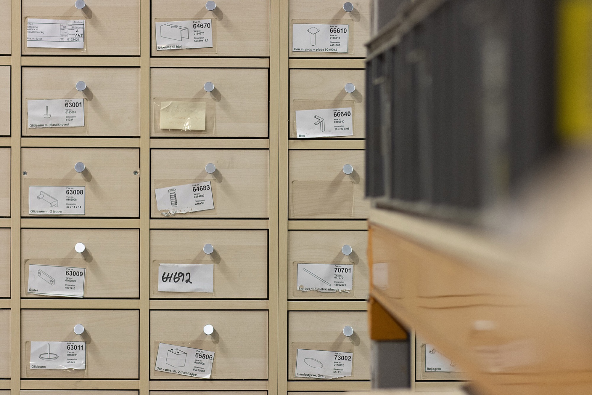 Sample drawers of furniture fittings and hardware