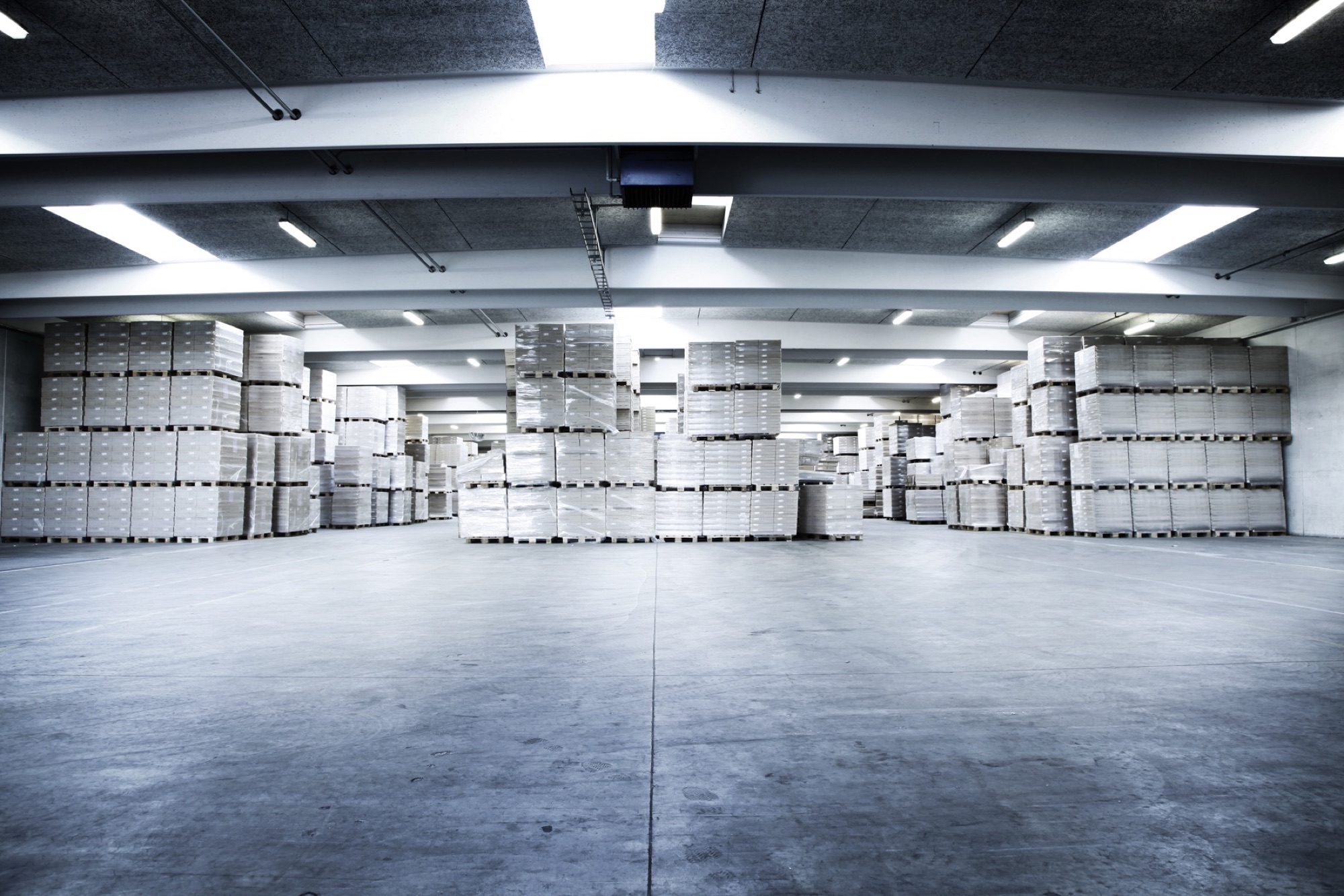 Tvilum finished-goods warehouse, flat-pack cartons on pallets
